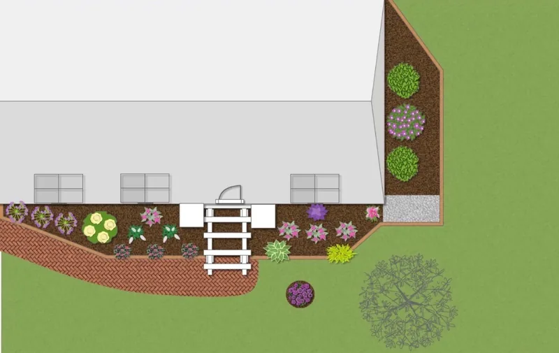 Overhead landscape design plan showing planting beds, shrubs and a brick walkway